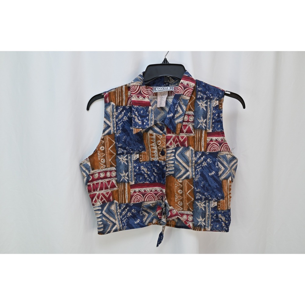 Vintage Bonjour Women Large Geometric Tribal Print Button Up Tie Front Tank Top